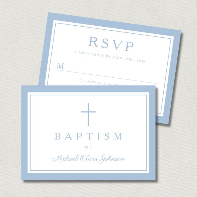 Cartons Réponse Croix Religieuse Bleu Bébé Garçon Baptême  (Baby Blue Religious Cross Boy Baptism RSVP Card)