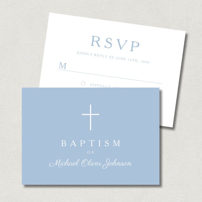 Cartons Réponse Croix Religieuse Bleu Bébé Garçon Baptême  (Baby Blue Religious Cross Boy Baptism RSVP Card)