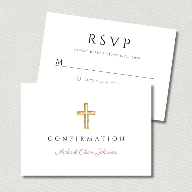 Cartons Réponse Croix religieuse de confirmation de fille de scrip (Pink Script Religious Cross Girl Confirmation RSVP Card)