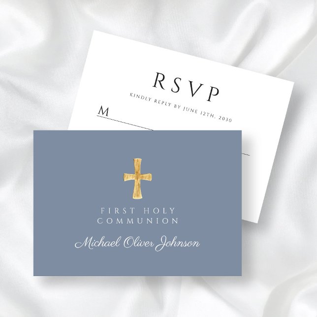 Cartons Réponse Croix religieuse Dusty Blue Boy First Communion (Dusty Blue Religious Cross Boy First Communion RSVP Card)