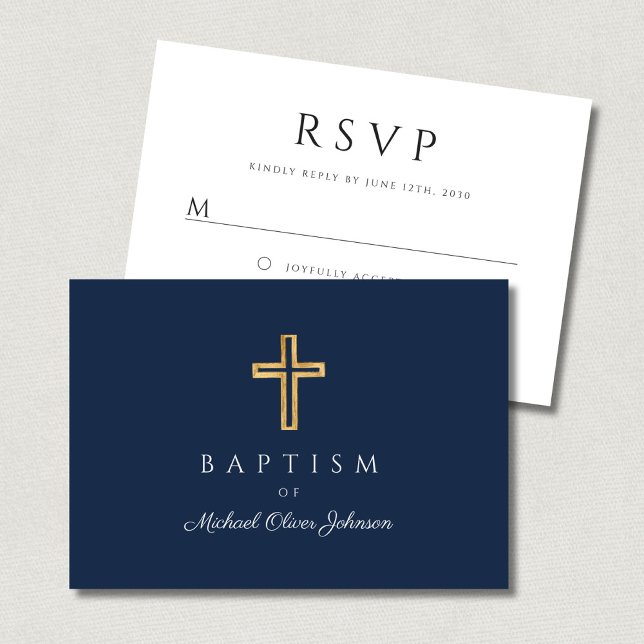 Cartons Réponse Croix religieuse moderne bleu marine garçon baptêm (Modern Navy Blue Religious Cross Boy Baptism RSVP Card)