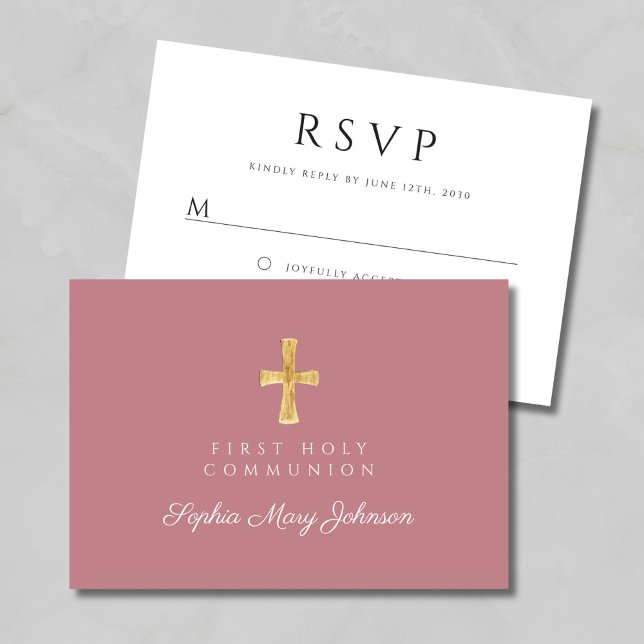 Cartons Réponse Croix religieuse rose Dusty Première communion de  (Dusty Pink Religious Cross Girl First Communion RSVP Card)