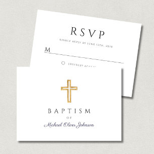 Cartons Réponse Croix Religieuse Script Bleu Marine Garçon Baptême