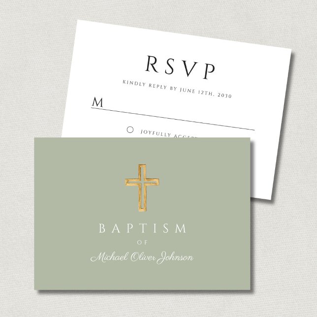 Cartons Réponse Croix Religieuse Vert Sage Élégante Baptême (Elegant Sage Green Religious Cross Baptism RSVP Card)