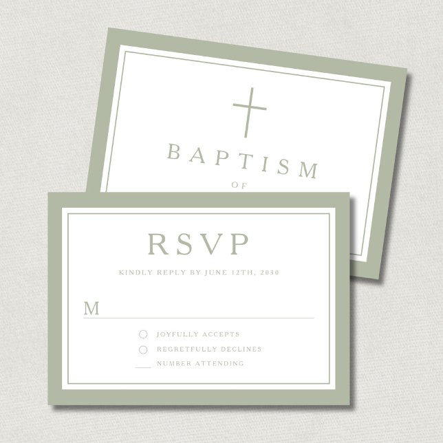 Cartons Réponse Croix Religieuse Vert Sauge Garçon Baptême  (Sage Green Religious Cross Boy Baptism RSVP Card)
