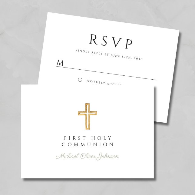 Cartons Réponse Croix religieuse vert sauge moderne Première Commu (Modern Sage Green Religious Cross First Communion RSVP Card)
