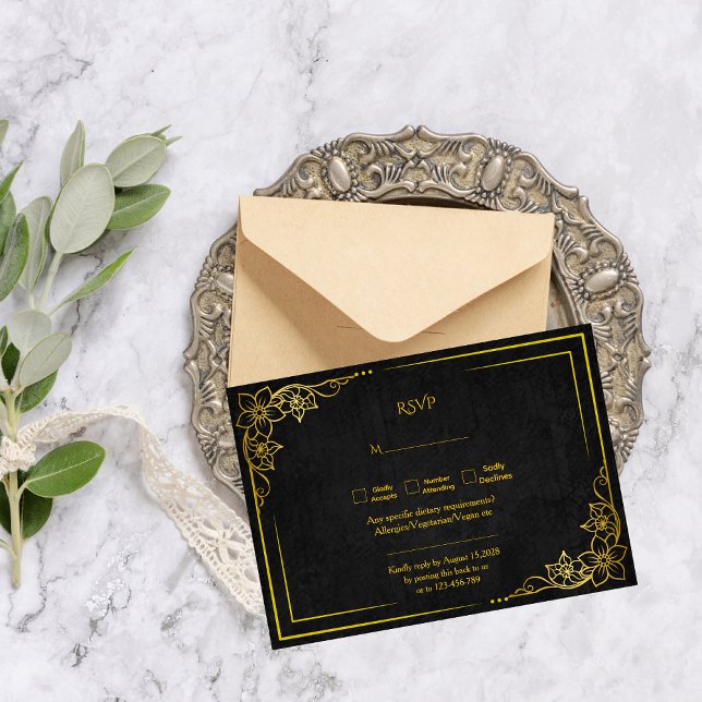Cartons Réponse Dark Academia Gothic Black Gold Elegant Wedding (Créateur téléchargé)