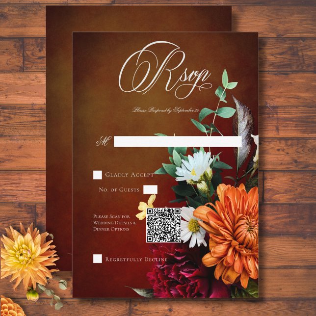 Cartons Réponse Dark Elegant Summer Sunset Floral Mariage QR Code (Dark Elegant Summer Sunset Floral Wedding QR Code RSVP Card)