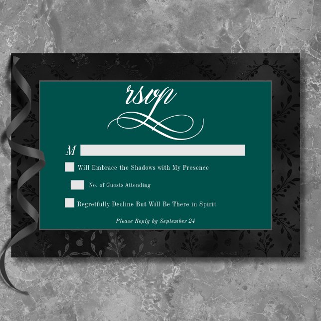 Cartons Réponse Dark Gothique Noir Floral Satin Damask Mariage Tur (Dark Gothic Black Floral Satin Damask Teal Wedding RSVP Card)