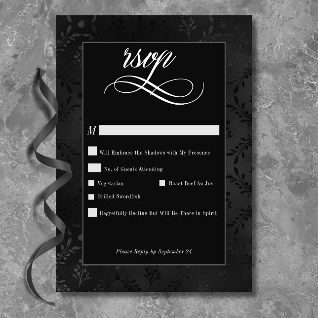 Cartons Réponse Dark gothique noir floral satin Mariage damassé (Dark Gothic Black Floral Satin Damask Wedding RSVP Card)