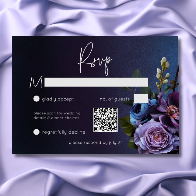 Cartons Réponse Dark Moody Blue Lavender Floral Moderne Mariage (Dark Moody Blue Lavender Floral Modern Wedding RSVP Card)