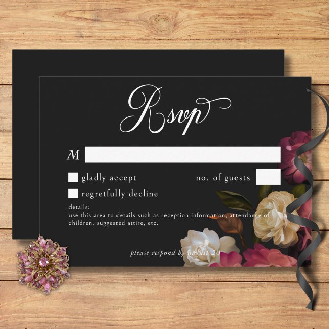 Cartons Réponse Dark Moody Bourgogne & Cream Peonies Black Détails (Dark Moody Burgundy & Cream Peonies Black Details RSVP Card)