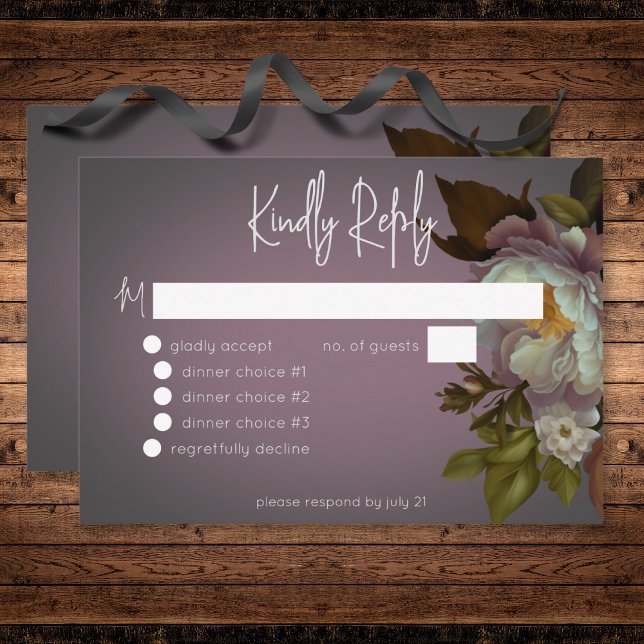 Cartons Réponse Dark Moody Mauve Floral Moderne Dîner Mariage (Dark Moody Mauve Floral Modern Wedding Dinner RSVP Card)