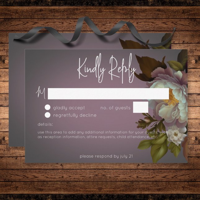 Cartons Réponse Dark Moody Mauve Floral Moderne Mariage Pas de dîn (Dark Moody Mauve Floral Modern Wedding No Dinner RSVP Card)