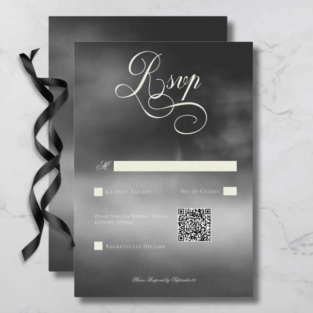Cartons Réponse Dark Moody Midnight Black Fog Code QR Mariage (Dark Moody Midnight Black Fog Wedding QR Code RSVP Card)