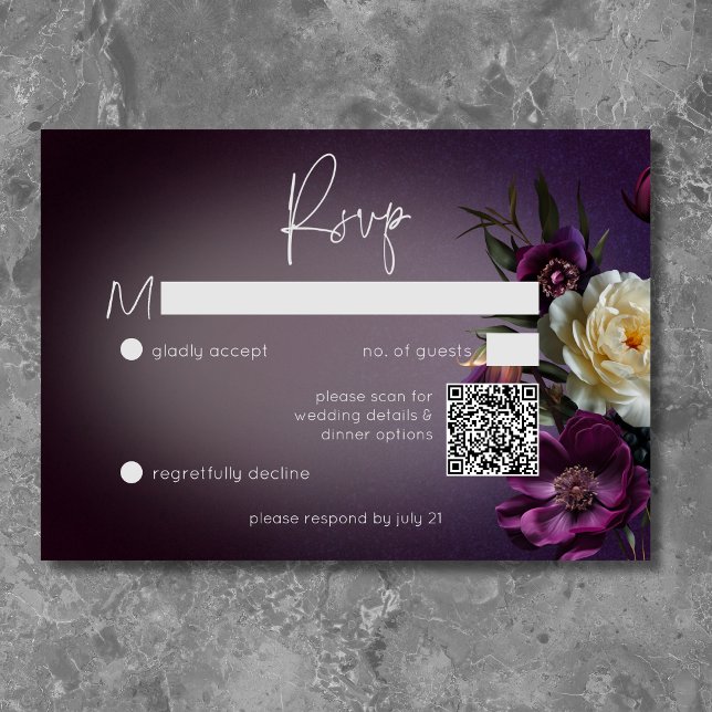 Cartons Réponse Dark Moody Purple Lavender Floral Moderne QR Code (Dark Moody Purple & Lavender Floral Modern QR Code RSVP Card)