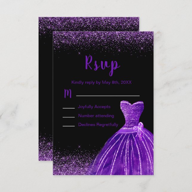 Cartons Réponse Dark Purple Dress Faux Glitter Sweet 16 Birthday (Devant / Derrière)