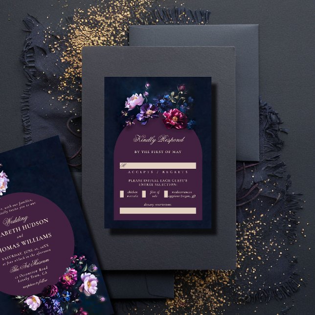 Cartons Réponse Dark Romantic Moody Florals Jewel Mauve Mariage (dark romantic wedding RSVP reply respond jewel moody floral painting modern classic elegant formal)