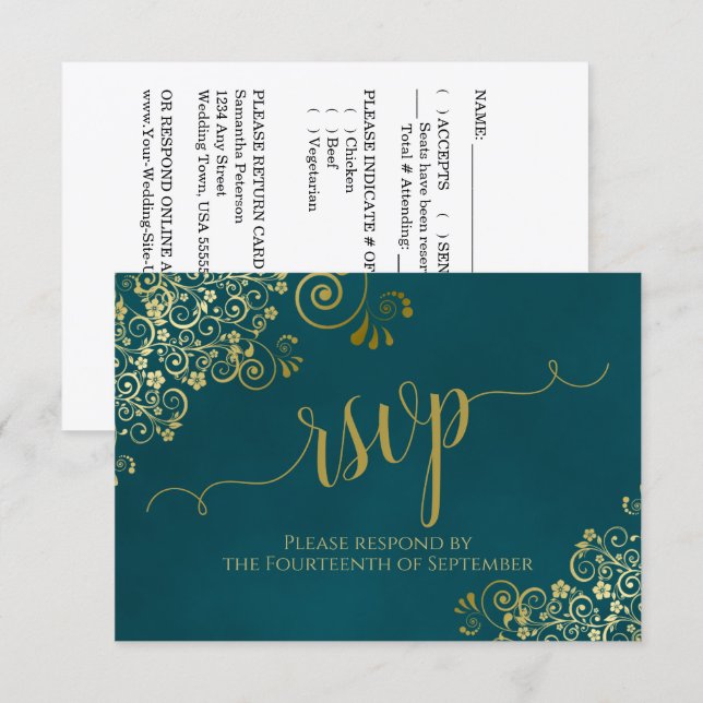 Cartons Réponse Dark Teal & Gold Elegant Lacy Calligraphy Wedding (Devant / Derrière)