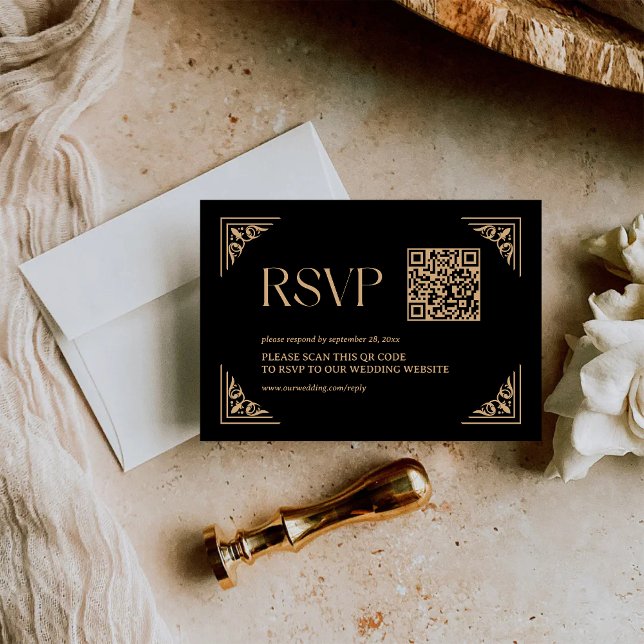 Cartons Réponse Déco Moderne | Code QR de mariage noir et or (Modern deco black and gold QR code RSVP card keeps replies effortless with sleek elegance)