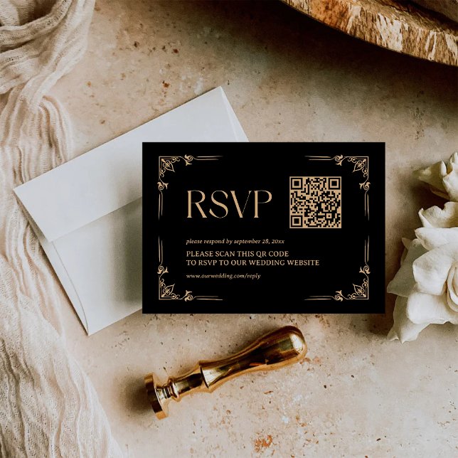 Cartons Réponse Déco Moderne | Code QR de mariage noir et or (Modern deco black and gold QR code RSVP card adds sleek style to collect wedding responses.)