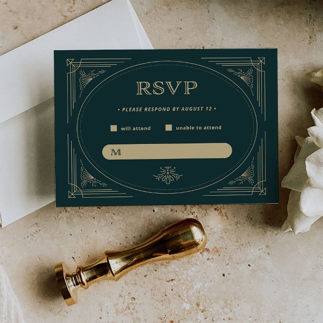 Cartons Réponse Déco moderne | Emerald Green et Champagne Mariage (A vintage art deco style wedding rsvp, in rich emerald green and champagne colored accents)