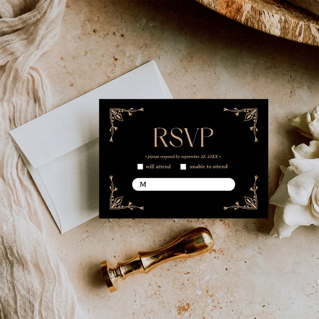 Cartons Réponse Déco Moderne | Mariage Élégant Noir et Or (Modern deco black and gold RSVP card gathers guest replies with elegant, personalized style.)