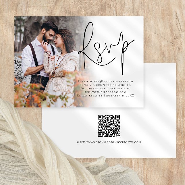 Cartons Réponse Découpage photo moderne Script QR Code Mariage (RSVP and QR code for your guests to scan and reply via your wedding website)