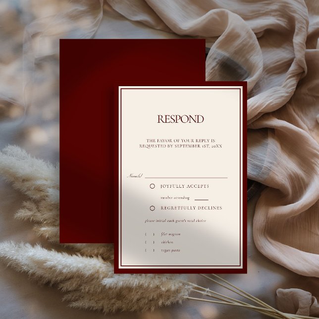 Cartons Réponse Deep Burgundy Formal Modern Classic Estate Wedding (deep burgundy wedding rsvp quiet luxury old money double frame formal modern classic meal choice)