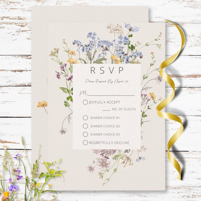 Cartons Réponse Délicat Boho Crème Fleur sauvage Trois Dîners (Delicate Boho Wildflowers Cream Three Dinner RSVP Card)