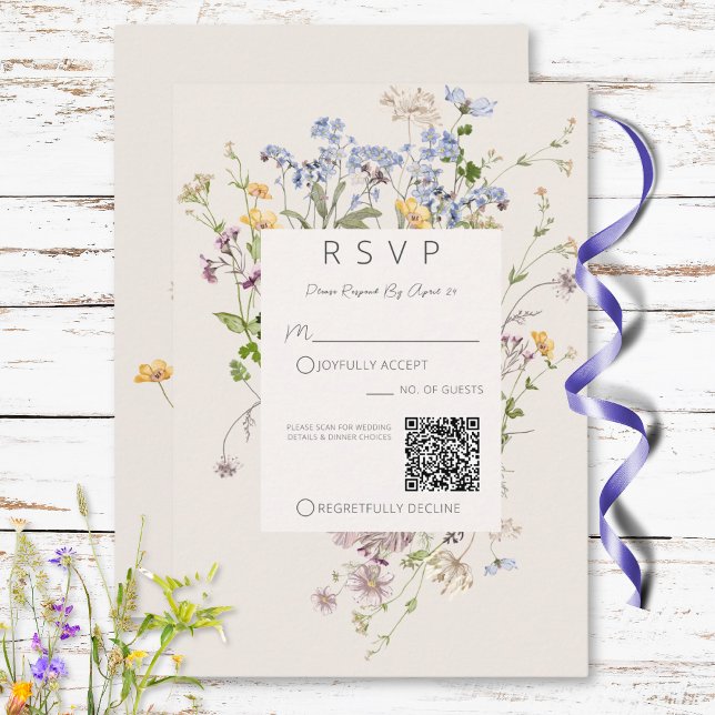 Cartons Réponse Délicat Boho Fleurs sauvages Crème QR Code Mariage (Delicate Boho Wildflowers Cream QR Code Wedding RSVP Card)