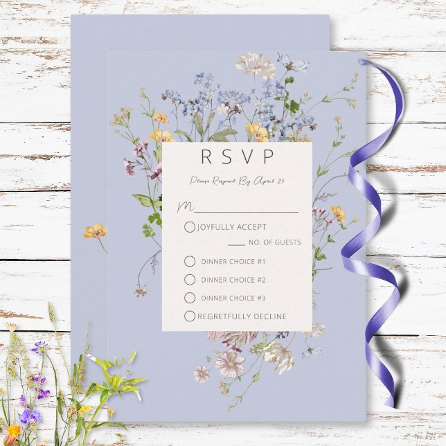 Cartons Réponse Délicat Boho Wildflowers Periwinkle Trois Dîner (Delicate Boho Wildflowers Periwinkle Three Dinner RSVP Card)