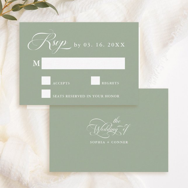 Cartons Réponse Delicate Élégant Mariage Sage Vert (Front & Back)
