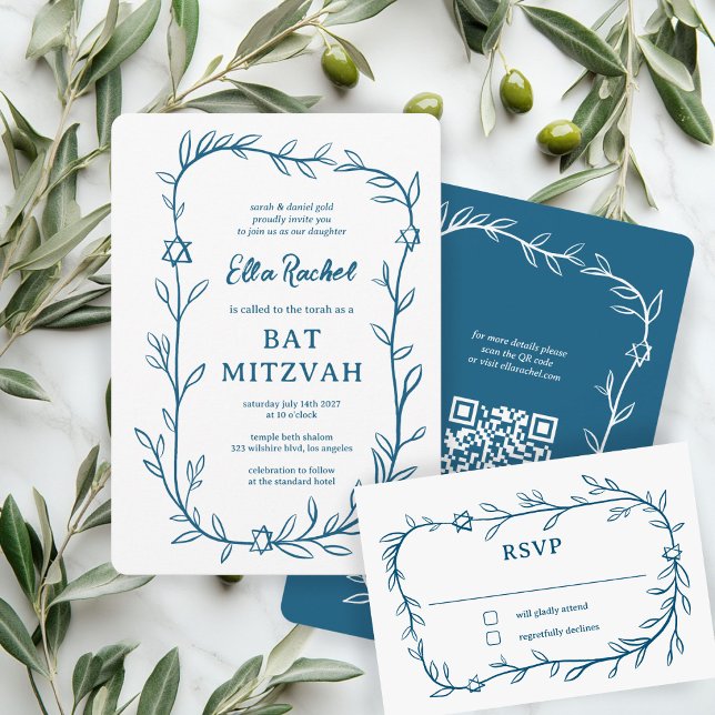 Cartons Réponse Délicate étoile botanique de David Bar Bat mitzvah (Delicate Botanical Star of David Bar Bat Mitzvah RSVP Card
)