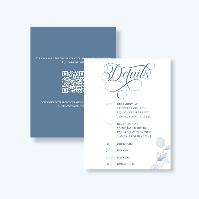 Cartons Réponse Détails de mariage avec code QR en calligraphie bl (Elegant dusty blue wedding details card with QR code and calligraphy timeline design)