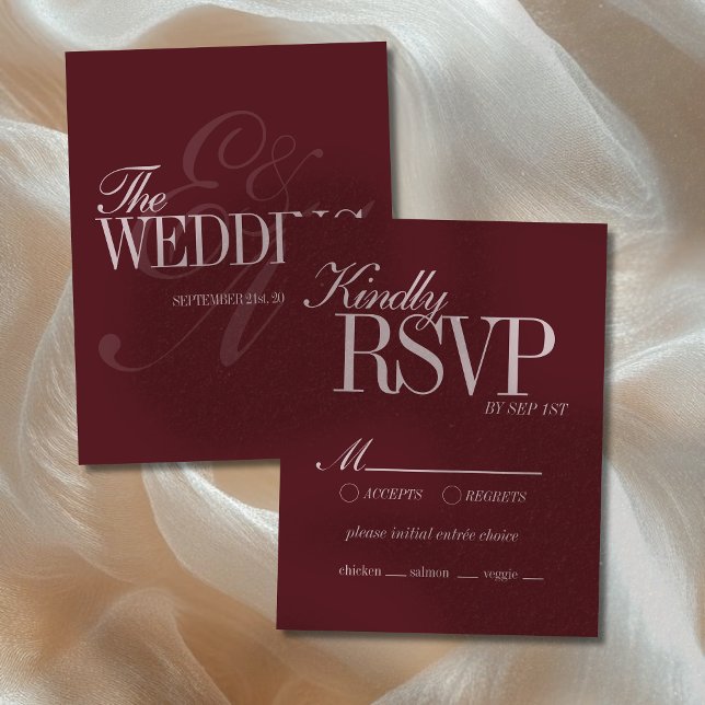 Cartons Réponse Détails de mariage formels élégants en rouge borde (Announce your upcoming wedding to guests with this Elegant Script Burgundy Red Formal Wedding RSVP!)