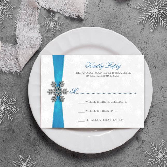 Cartons Réponse Diamante Snowflake & Blue Ribbon Mariage d'hiver (Créateur téléchargé)