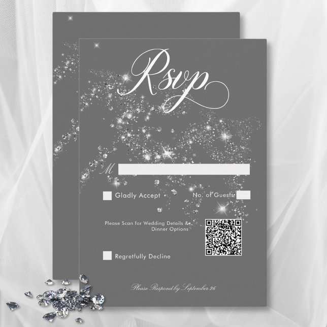 Cartons Réponse Diamants de verre gris et blanc minimes modernes C (Modern Minimal Gray & White Glam Diamonds QR Code RSVP Card)