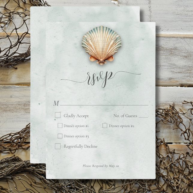 Cartons Réponse Dîner de mariage aqua moderne coquillage côtier (Modern Coastal Seashell Aqua Wedding Dinner RSVP Card)