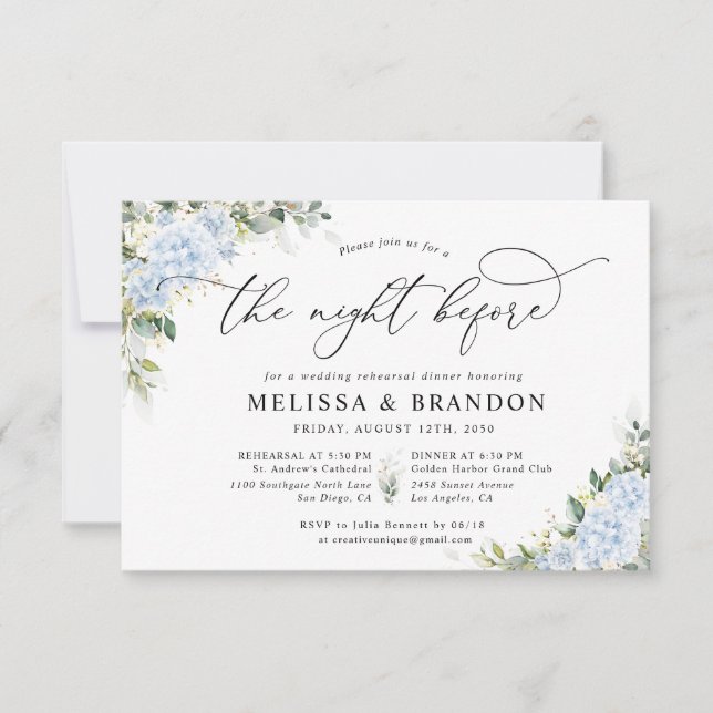 Cartons Réponse Dîner de répétition de mariage floral Hydrangea Bl (Devant)