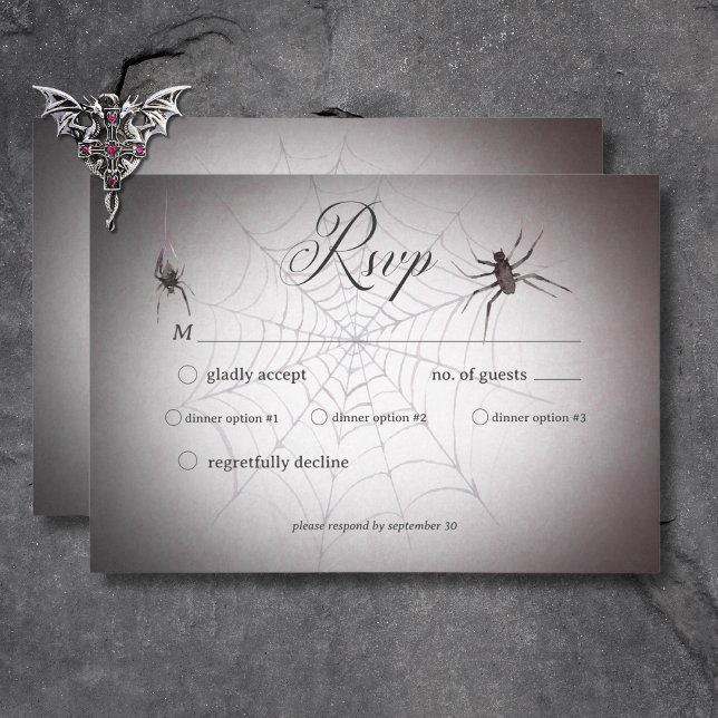 Cartons Réponse Dîner d'Halloween rustique gothique noir et bordea (Rustic Gothic Black & Burgundy Halloween Dinner RSVP Card)