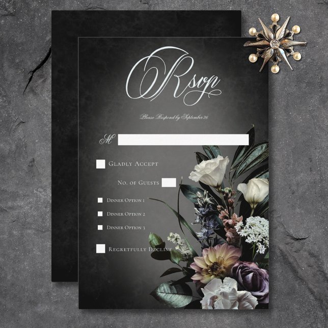 Cartons Réponse Dîner Gothique Sombre Mystérieux Floral Blur Muté (Dark Gothic Mysterious Muted Floral Blur Dinner RSVP Card)