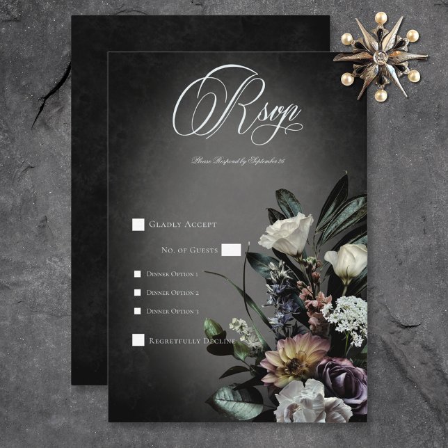 Cartons Réponse Dîner Gothique Sombre Mystérieux Floral Blur Muté (Dark Gothic Mysterious Muted Floral Blur Dinner RSVP Card)