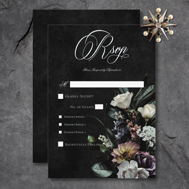 Cartons Réponse Dîner Gothique Sombre Mystérieux Floral Muté (Dark Gothic Mysterious Muted Floral Dinner RSVP Card)