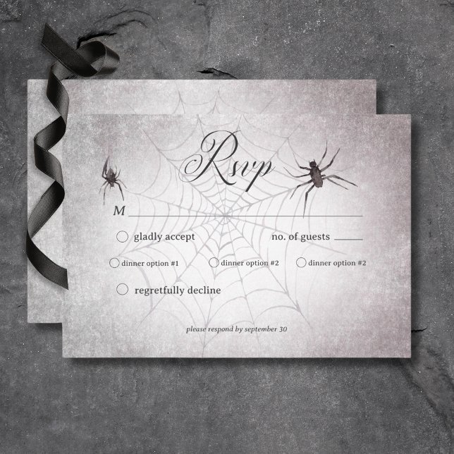Cartons Réponse Dîner Halloween Gothique Rustique Noir & Bourgogne (Rustic Gothic Black & Burgundy Halloween Wedding Response Card with Dinner Selection Options)