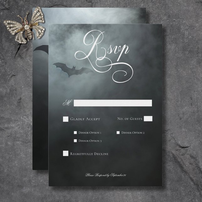 Cartons Réponse Dîner Mariage Dark Moody Midnight Bat & Fog (Dark Moody Midnight Bat & Fog Wedding Dinner RSVP Card)