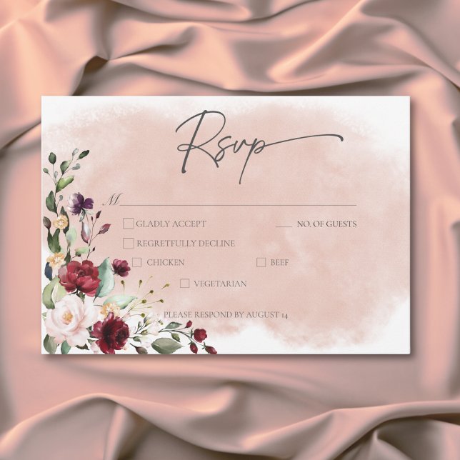 Cartons Réponse Dîner Mariage Rustique Bourgogne & Roses Roses Ros (Rustic Burgundy & Blush Pink Roses Wedding Dinner RSVP Card)