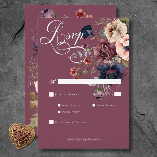 Cartons Réponse Dîner Moody Burgundy Oval Floral Frame (Dark Moody Burgundy Oval Floral Frame Dinner RSVP Card)