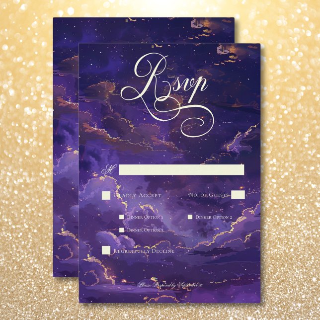 Cartons Réponse Dîner Moody foncé violet et or nuages lune (Dark Moody Purple & Gold Moonlit Clouds Dinner RSVP Card)