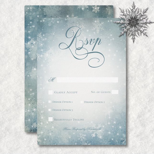 Cartons Réponse Dîner romantique Falling Snow Blue & White (Romantic Falling Snow Blue & White Sparkle Dinner RSVP Card)